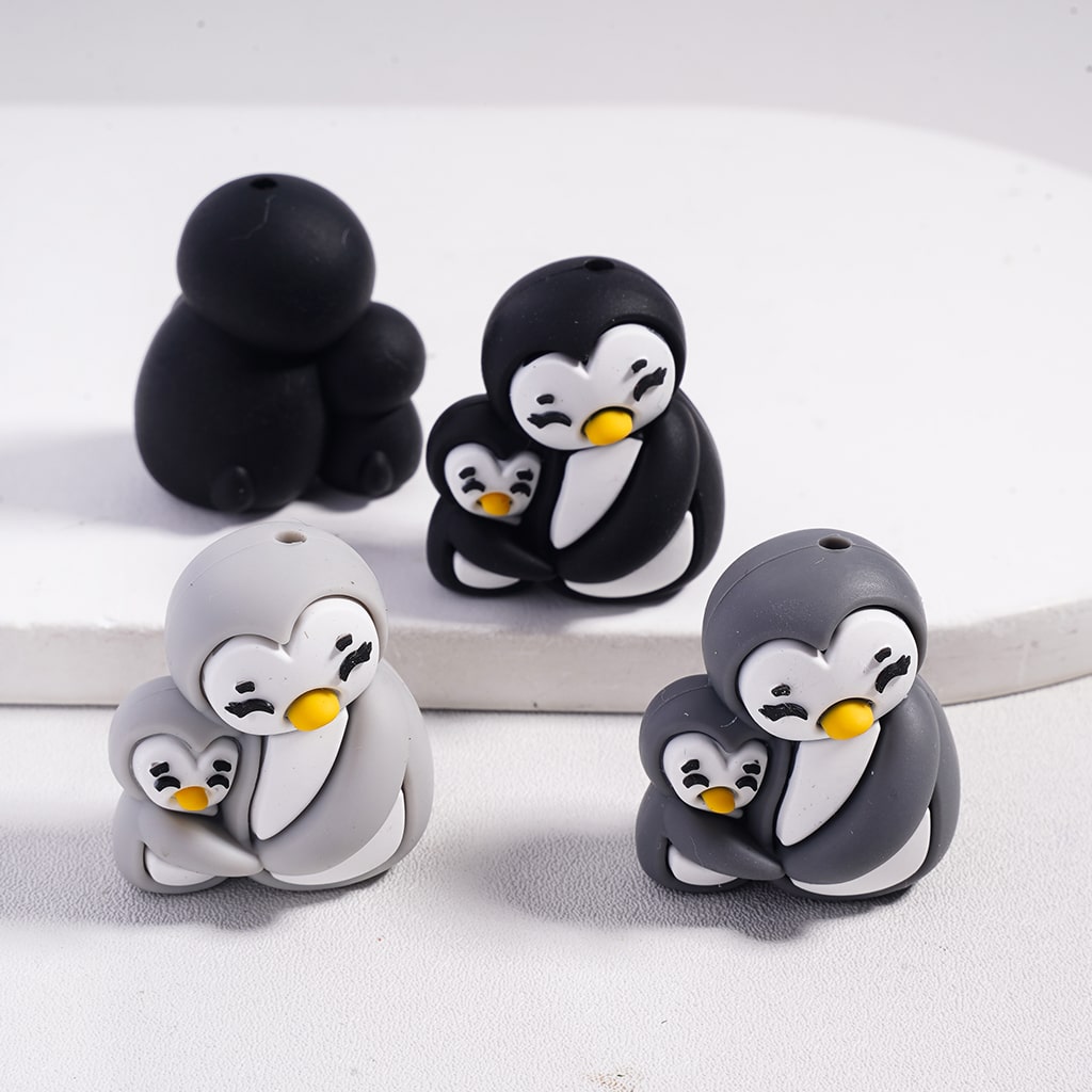 Silicone Focal Beads 3D Mom and Baby Penguins Snuggle Together, Multi-Color