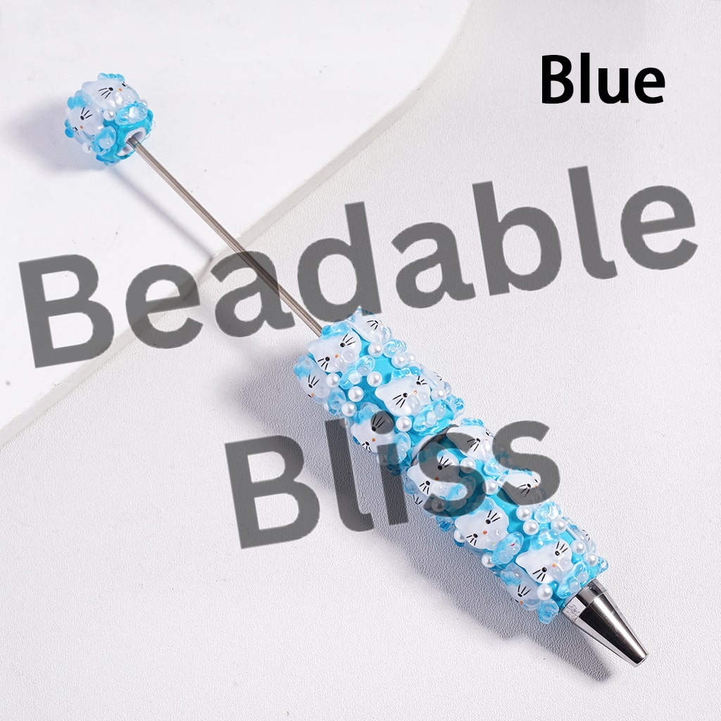 Beadable Clay Pen Shy and Cute Cat Character Wearing Skirt with Bowtie on Head and White Pearls, Multi-Color