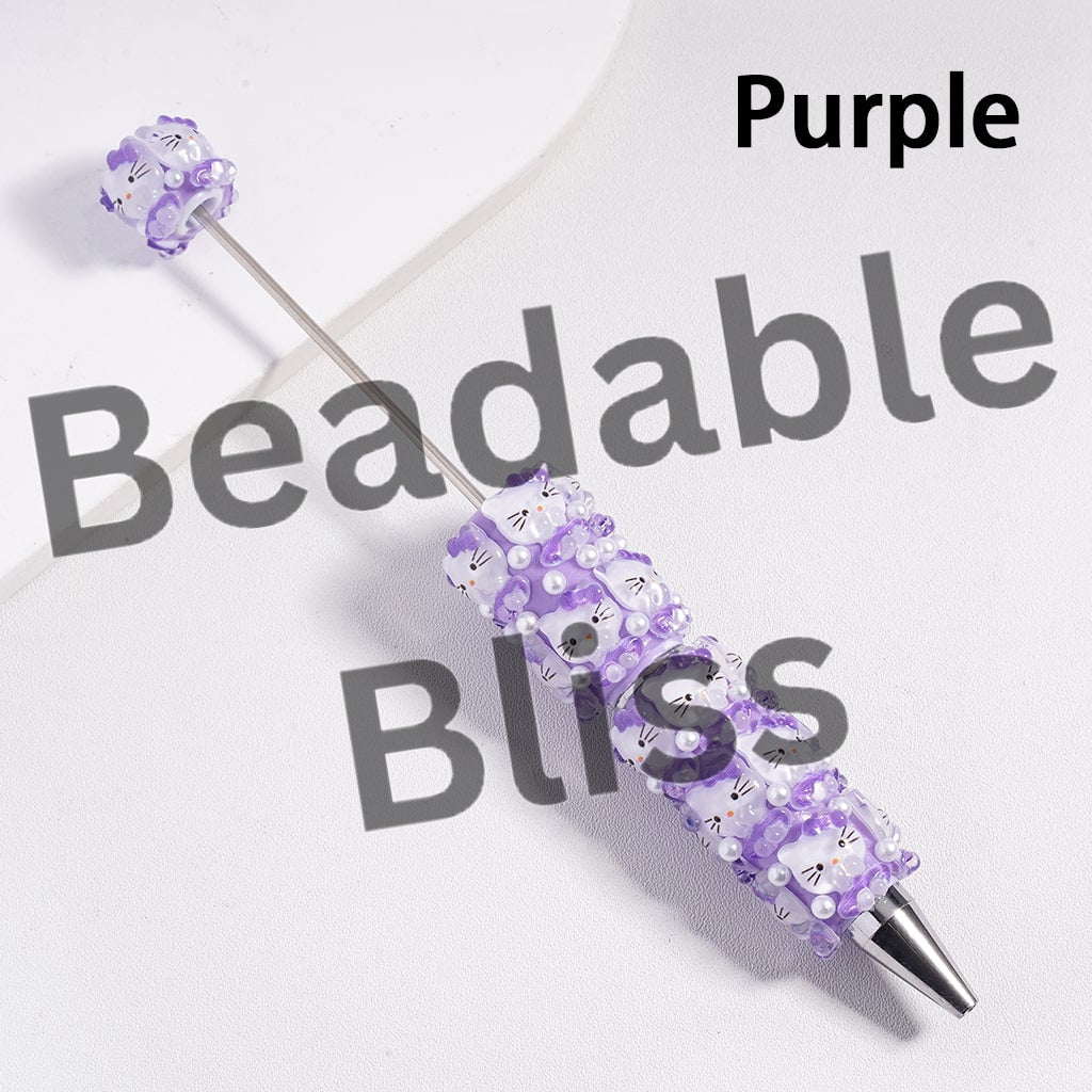 Beadable Clay Pen Shy and Cute Cat Character Wearing Skirt with Bowtie on Head and White Pearls, Multi-Color