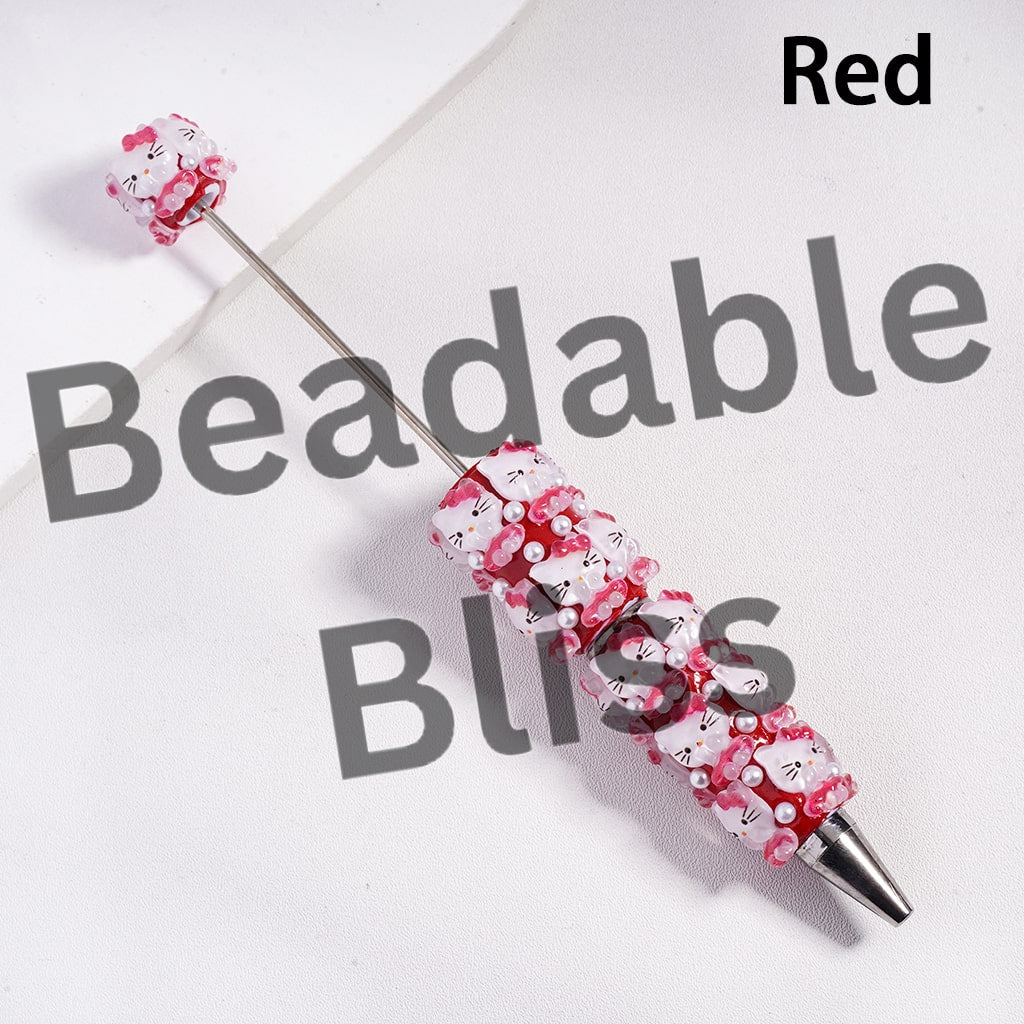 Beadable Clay Pen Shy and Cute Cat Character Wearing Skirt with Bowtie on Head and White Pearls, Multi-Color