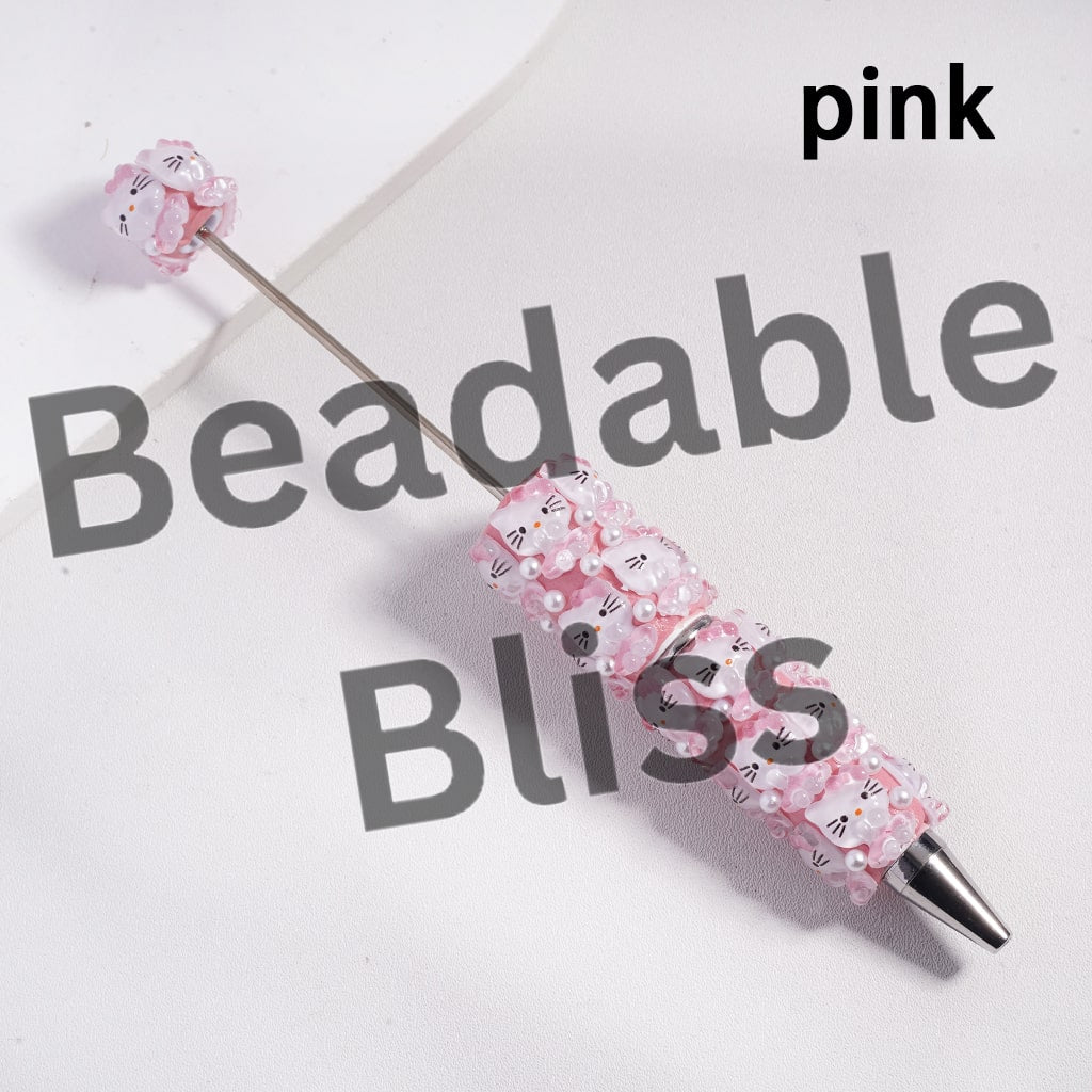 Beadable Clay Pen Shy and Cute Cat Character Wearing Skirt with Bowtie on Head and White Pearls, Multi-Color