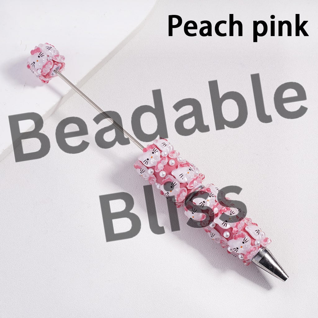 Beadable Clay Pen Shy and Cute Cat Character Wearing Skirt with Bowtie on Head and White Pearls, Multi-Color