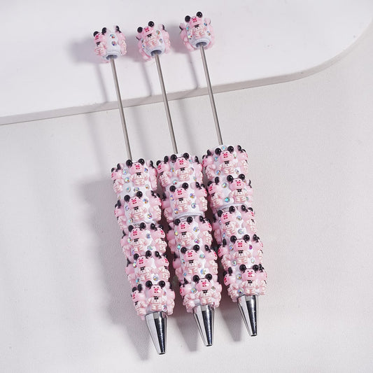 Beadable Clay Pens with Cute Pink Pigs Wearing White Suit and AB Rhinestones