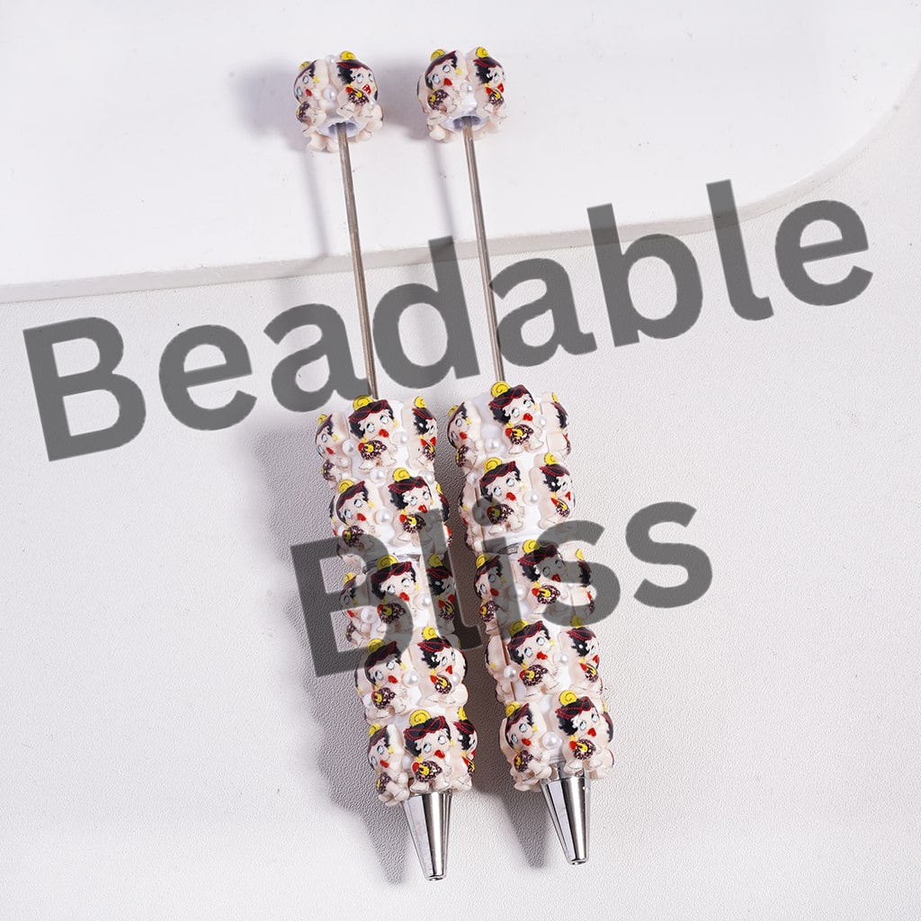 Beadable Clay Pens with Old Girl Character and White Pearls