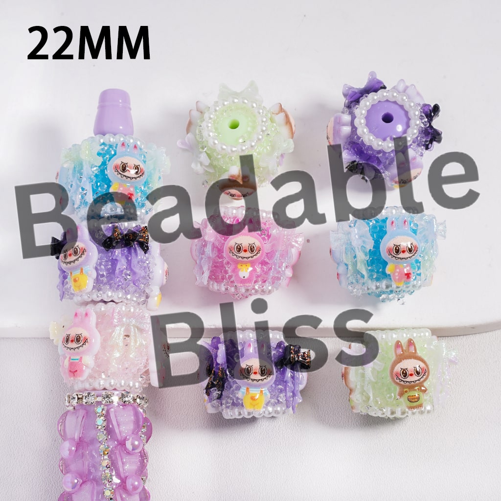 Sugar Acrylic Beads with Cute Monsters Character and Glittery Bowties, White Pearls Chain and Clear Rhinestones, 22MM, Multi-Color, Random Mix