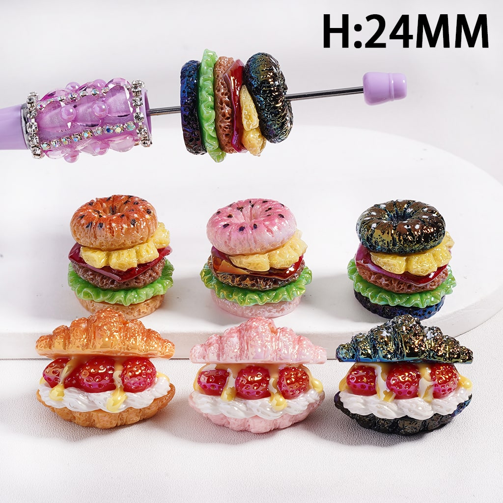Acrylic Beads UV Coating Hamburgers and Croissants Series, Height 24MM, Multi-Color, Random Mix