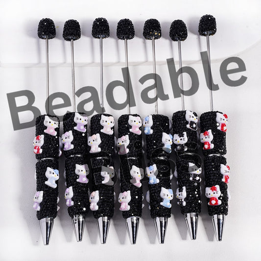 Beadable Clay Pens Cute Cat Character w Star-Shaped Ornament and Black Rhinestones, Sitting Sideways, Multi-Color, Random Mix