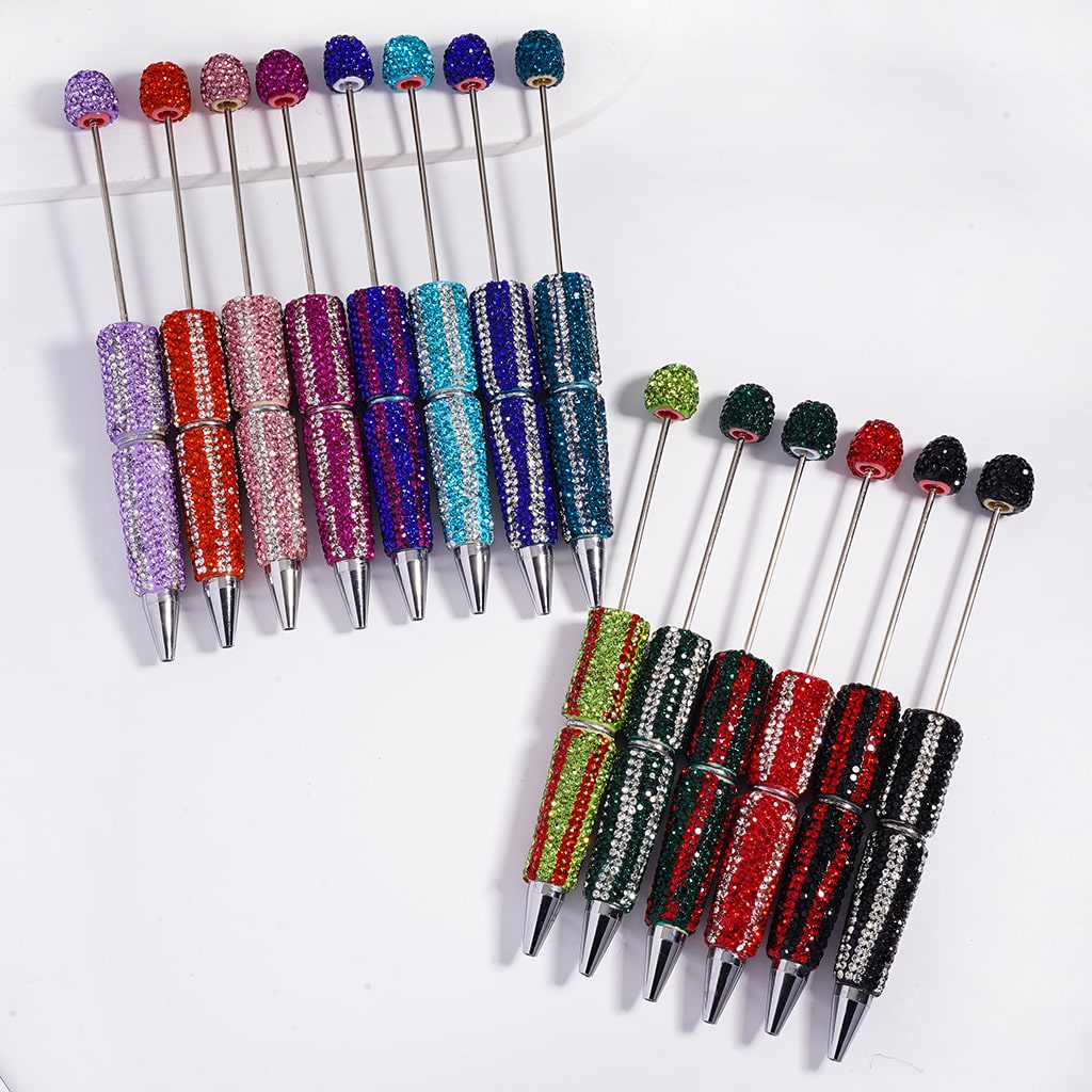 Beadable Clay Pens with Vertical-Stripe Double Color Rhinestones Covered the Entire Pen