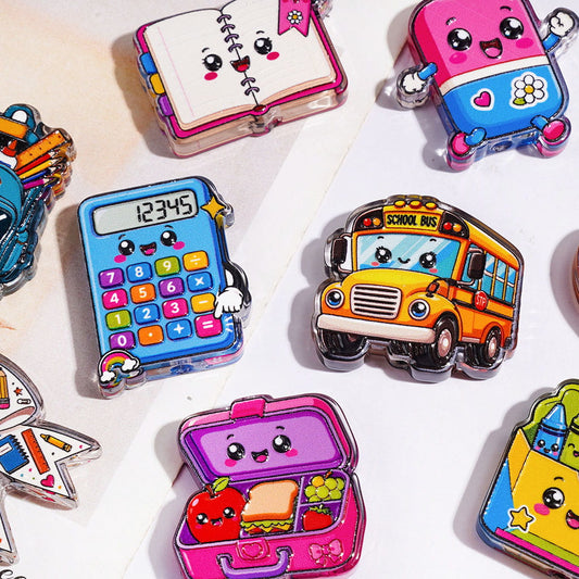 Acrylic Beads with Bow Calculator School Bus Notebook Eraser Lunch Box Paint Palette Schoolbag Colored-Pen Crayon Box, Multi-Color Random Mix