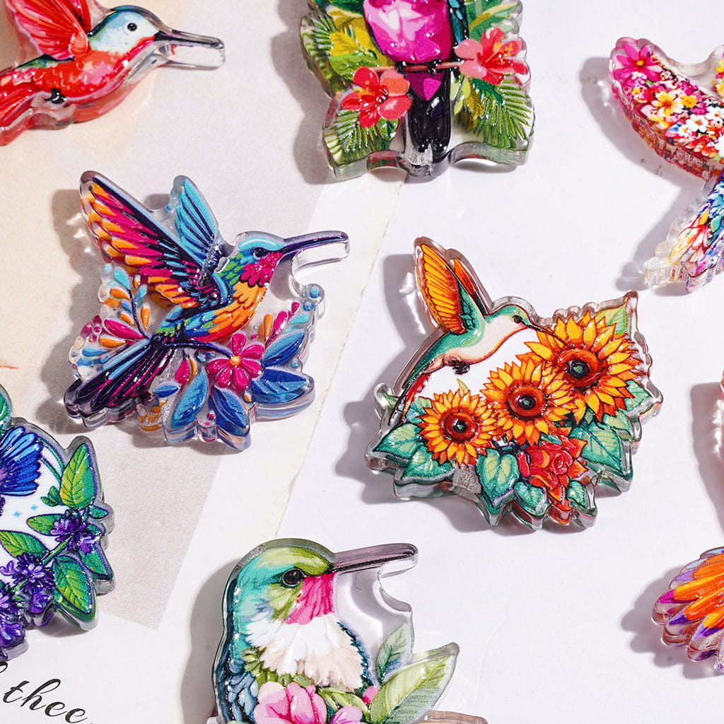 Acrylic Beads with Hummingbird and Flower, Semi-Clear, Random Mix