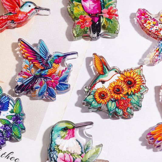 Acrylic Beads with Hummingbird and Flower, Semi-Clear, Random Mix