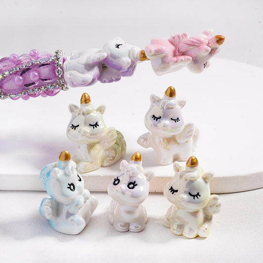 Acrylic Beads UV Coating Cute Unicorn with Golden Horn and Wings, Multi-Color, Random Mix