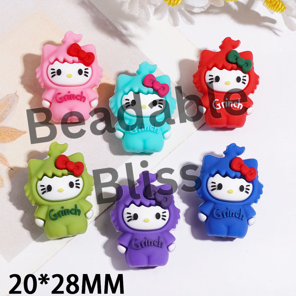 3D Silicone Focal Beads Cute Cat Characters with Bowtie, 20*28MM Multi-Color