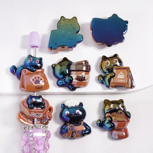 Acrylic Beads UV Coating Adorable Cat Holding Coffee in Various Designs, Random Mix