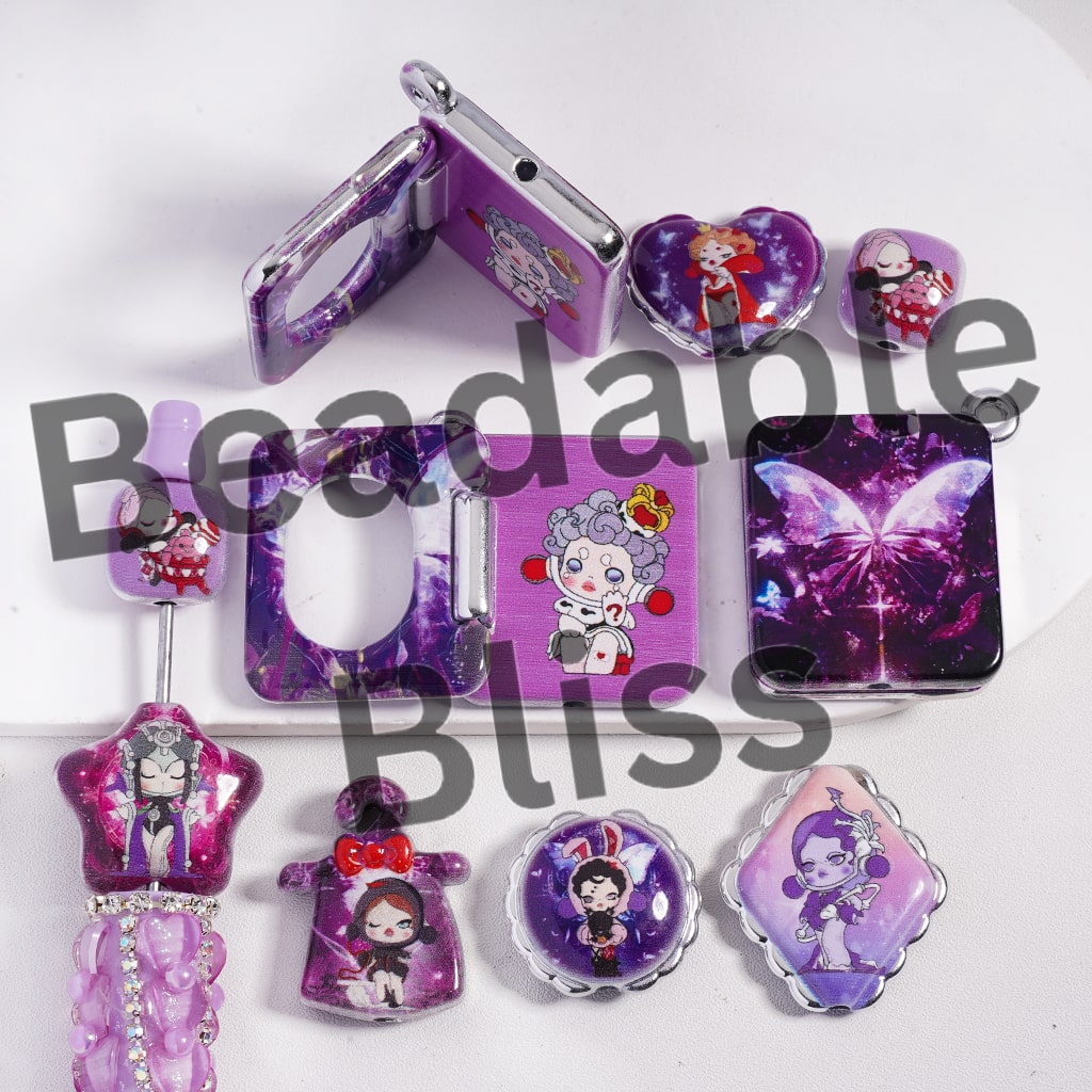 Acrylic Beads Pendant Baby Girl Character in Various Shapes Purple Theme, Random Mix