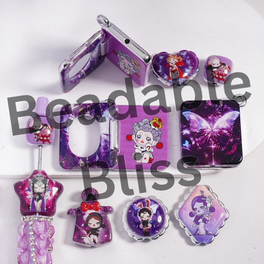 Acrylic Beads Pendant Baby Girl Character in Various Shapes Purple Theme, Random Mix