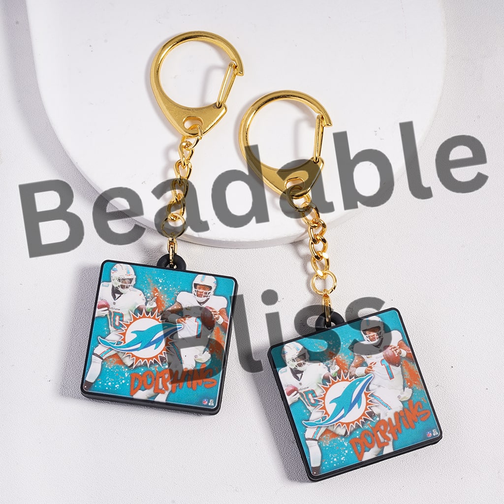 Metal Keychain with Lobster Clasp with Silicone Charm Pendant American Football Miami, Gold Color