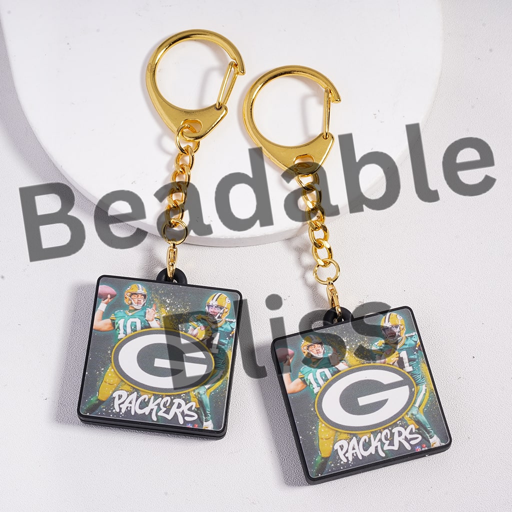 Metal Keychain with Lobster Clasp with Silicone Charm Pendant American Football Green Gold Color