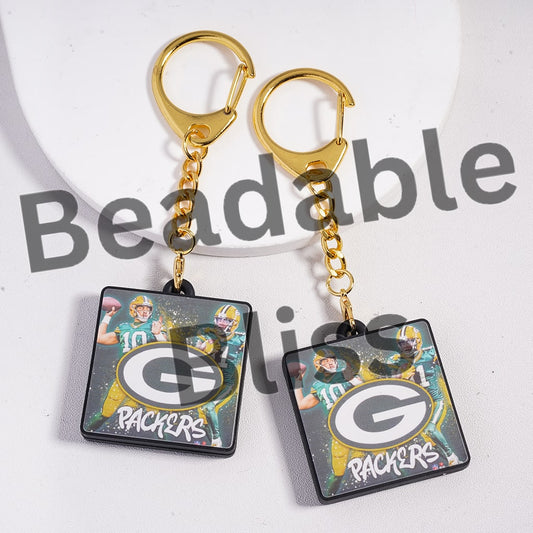 Metal Keychain with Lobster Clasp with Silicone Charm Pendant American Football Green Gold Color