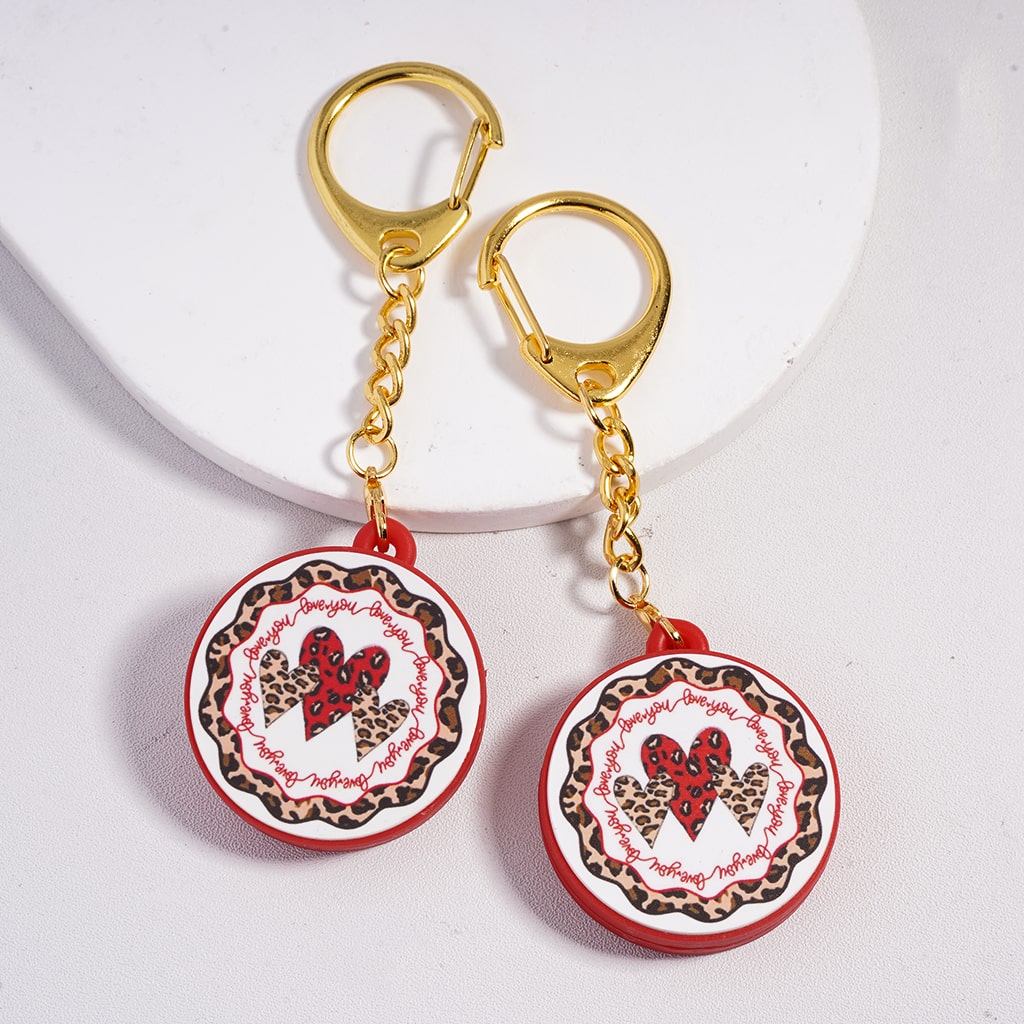Metal Keychain w Lobster Clasp Silicone Charm Pendant, Text "Love You" & Leopard-Print Hearts Valentine's Day Theme, Flat Round Shape