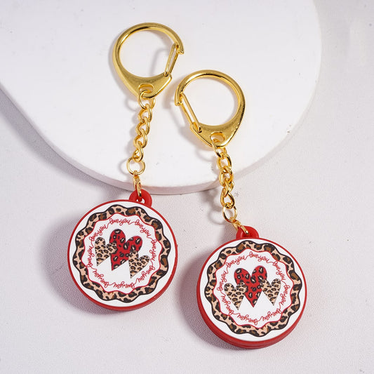 Metal Keychain w Lobster Clasp Silicone Charm Pendant, Text "Love You" & Leopard-Print Hearts Valentine's Day Theme, Flat Round Shape
