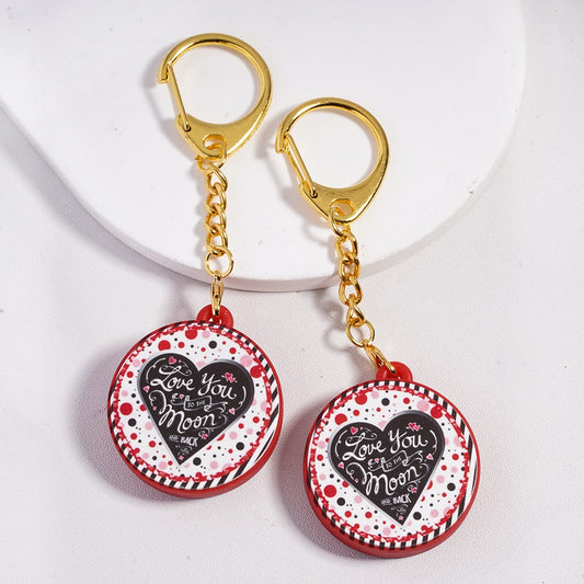 Metal Keychain w Lobster Clasp Silicone Charm Pendant, Text "Love You to the Moon and Back" & Hearts Valentine's Day Love Theme, Flat Round Shape