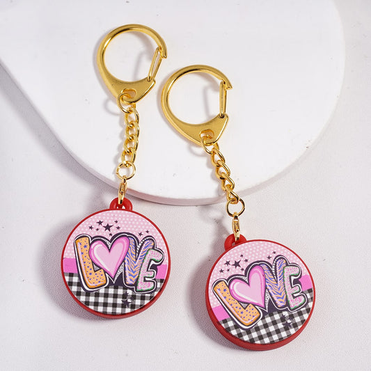 Metal Keychain w Lobster Clasp Silicone Charm Pendant, Text "Love" & Stars Checkered Pattern Valentine's Day, Flat Round Shape