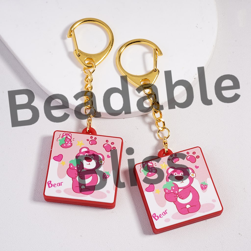 Metal Keychain w Lobster Clasp Silicone Charm Pendant, Lovely Pink Strawberry & Bear Valentine's Day Style, Flat Square Shape