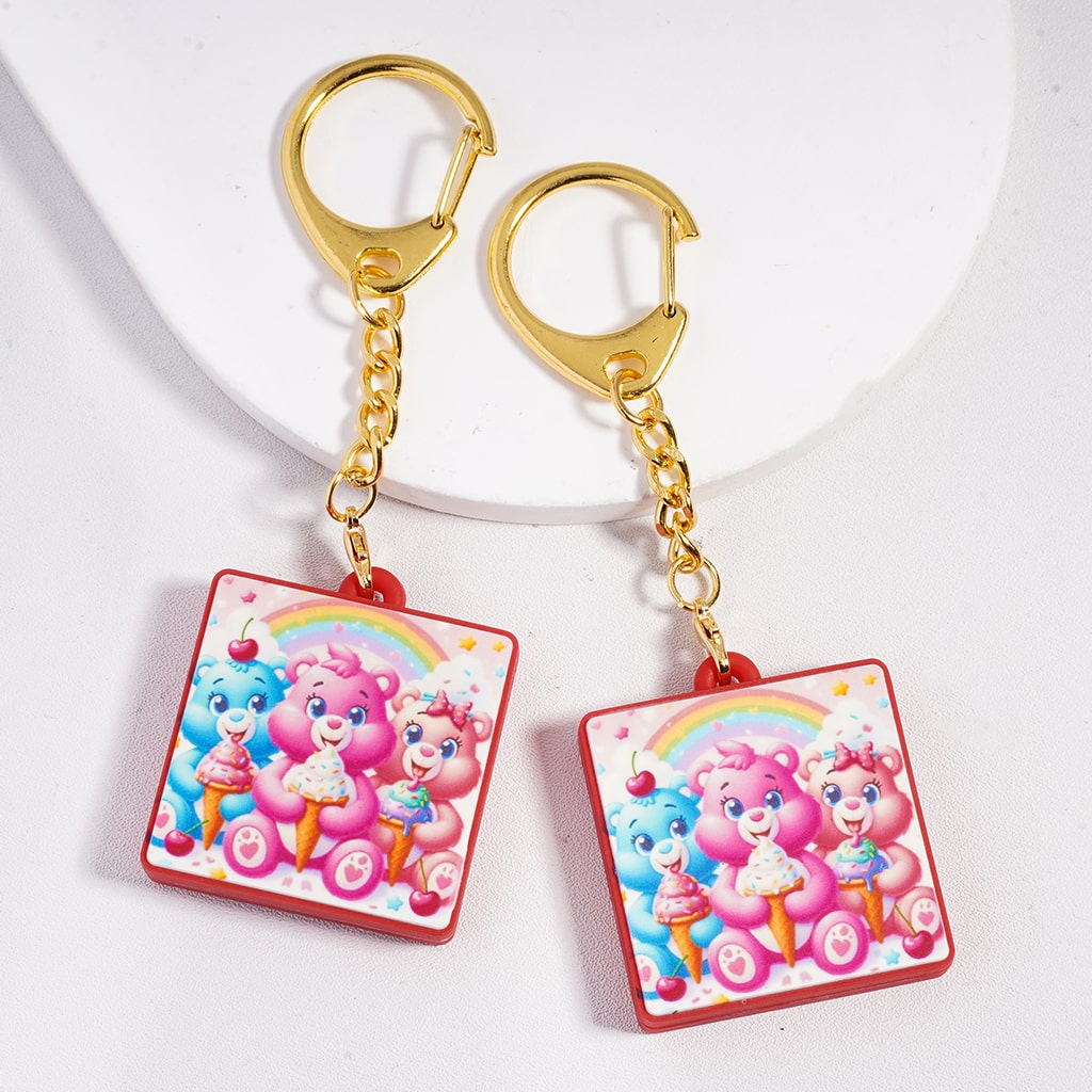 Metal Keychain w Lobster Clasp Silicone Charm Pendant, Three Bears Eat Ice-cream Under the Rainbow Valentine's Day, Flat Square Shape