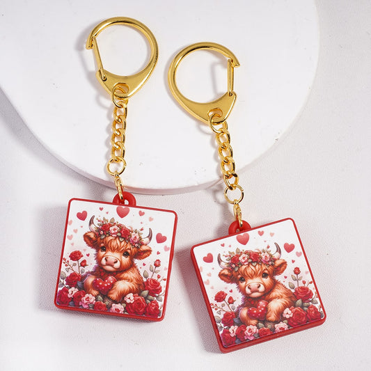 Metal Keychain w Lobster Clasp Silicone Charm Pendant, Highland Cow Holding Heart w Red & Pink Rose Flowers Valentine's Day Theme, Flat Square Shape