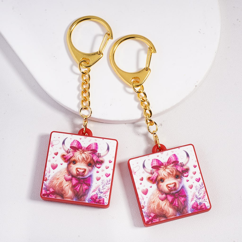 Metal Keychain w Lobster Clasp Silicone Charm Pendant, Highland Cow w Pink Checkered Pattern Bowties & Hearts Valentine's Day, Flat Square Shape