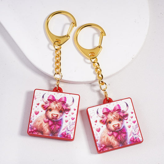 Metal Keychain w Lobster Clasp Silicone Charm Pendant, Highland Cow w Pink Checkered Pattern Bowties & Hearts Valentine's Day, Flat Square Shape