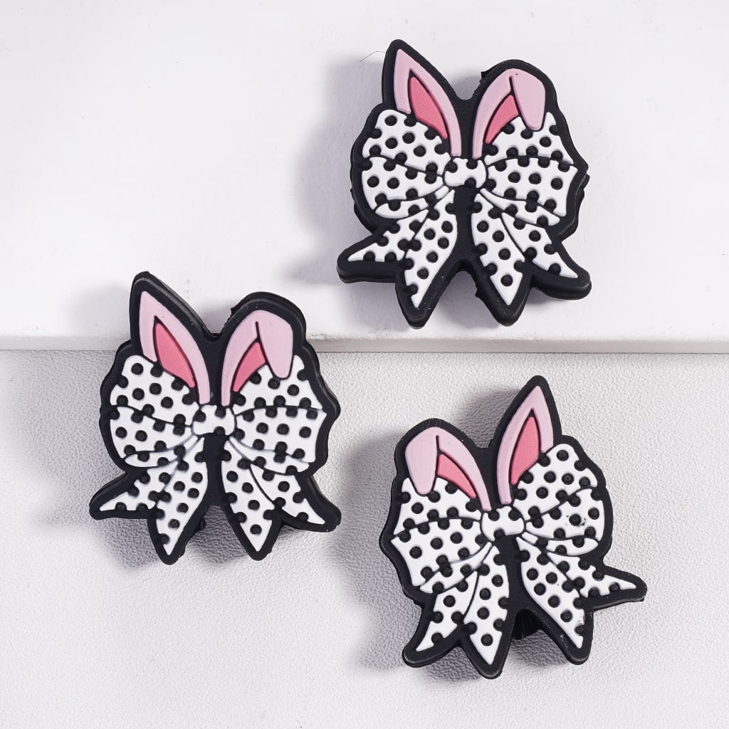 Silicone Focal Beads Bowtie with Rabbit Ears and Black Polka Dots Easter Style