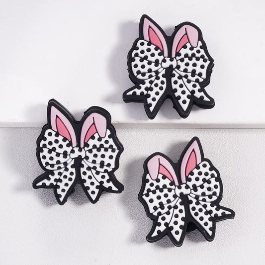 Silicone Focal Beads Bowtie with Rabbit Ears and Black Polka Dots Easter Style