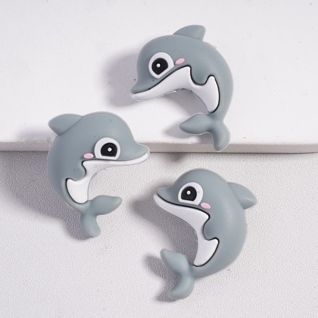 Silicone Focal Beads 3D Cute Dolphins in Blue and Gray Colors