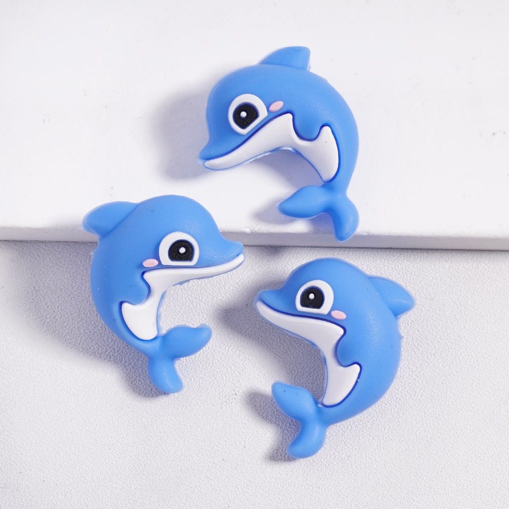 Silicone Focal Beads 3D Cute Dolphins in Blue and Gray Colors