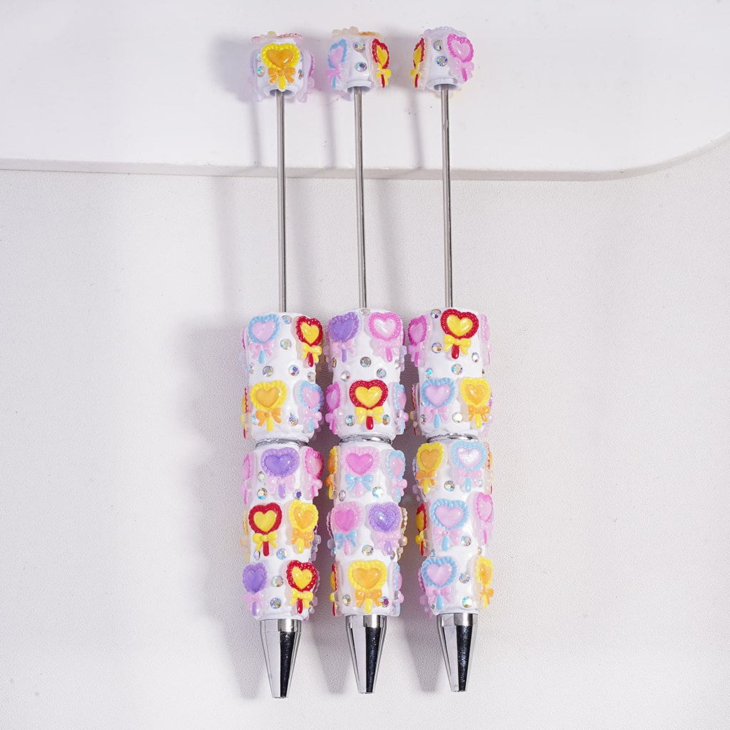 Beadable Clay Pens Glittery Heart Lollipop-Shape with Bowtie in Assorted Colors and AB Rhinestones