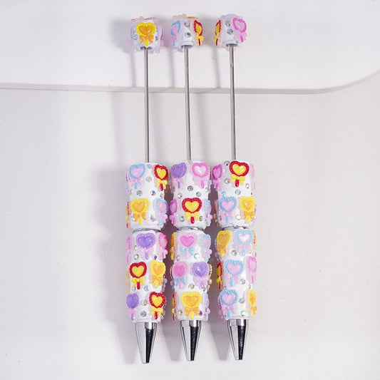 Beadable Clay Pens Glittery Heart Lollipop-Shape with Bowtie in Assorted Colors and AB Rhinestones