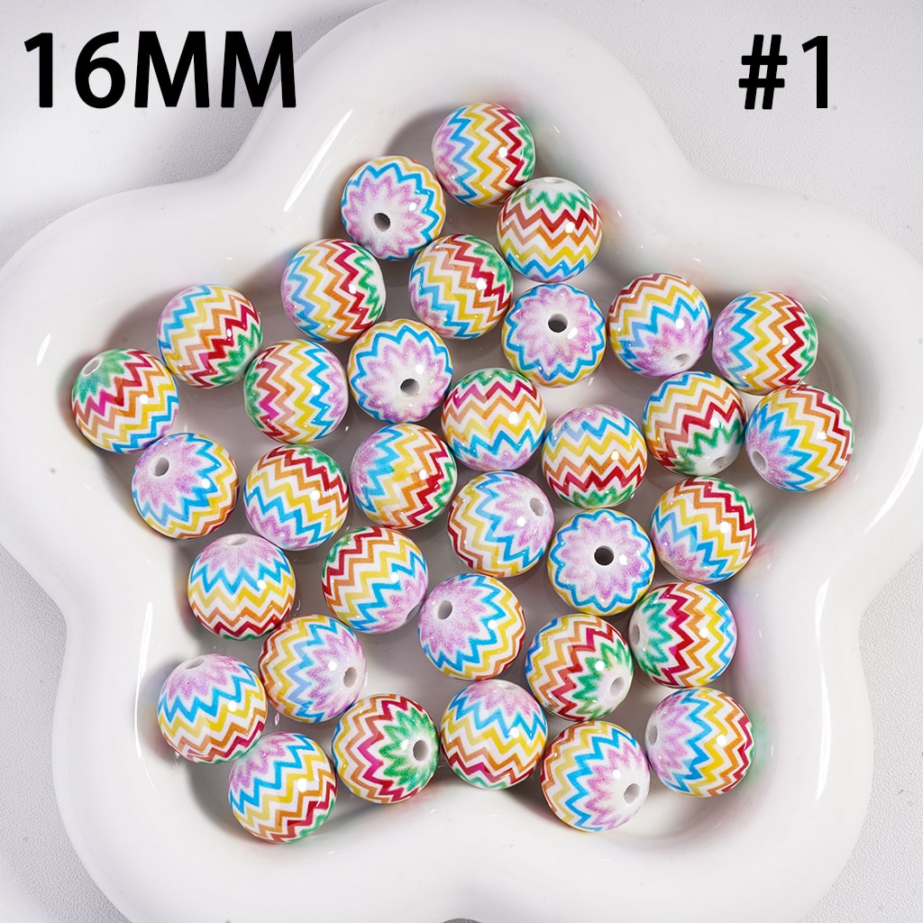Acrylic Beads with Wave Stripes Prints Easter Theme, 16MM, Multi-Color
