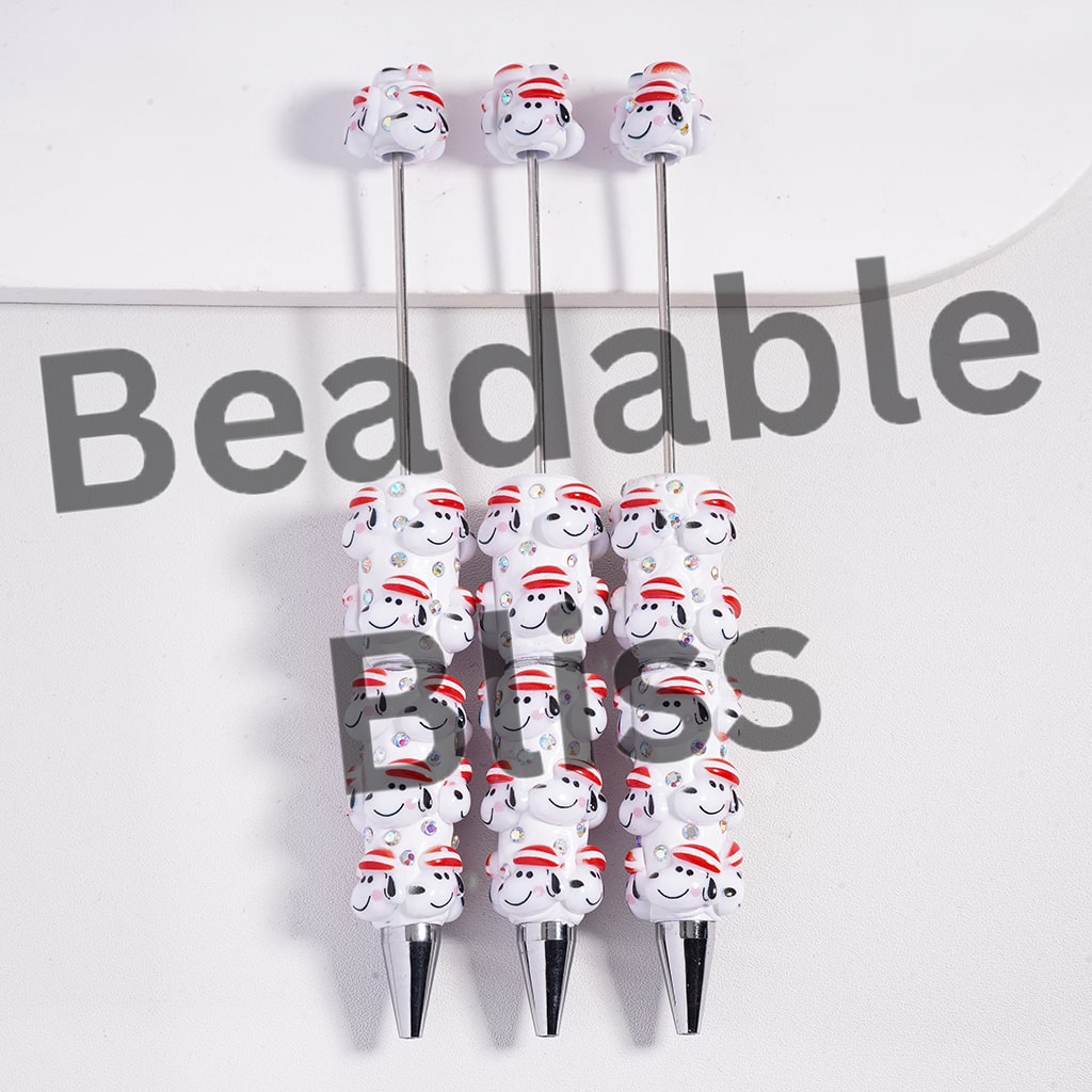 Beadable Clay Pens Cute Dog Head-Shaped Character with Red Hat and AB Rhinestones