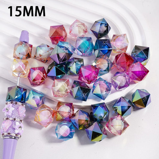 Acrylic Beads Polyhedron with White Ball Embedded Inside, 15MM, Multi-Color, Random Mix