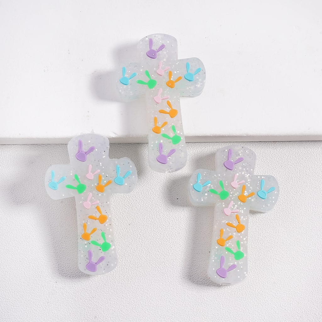Silicone Focal Beads Glittery Cross with Various Colors Rabbit-Shape Heads, White and Purple