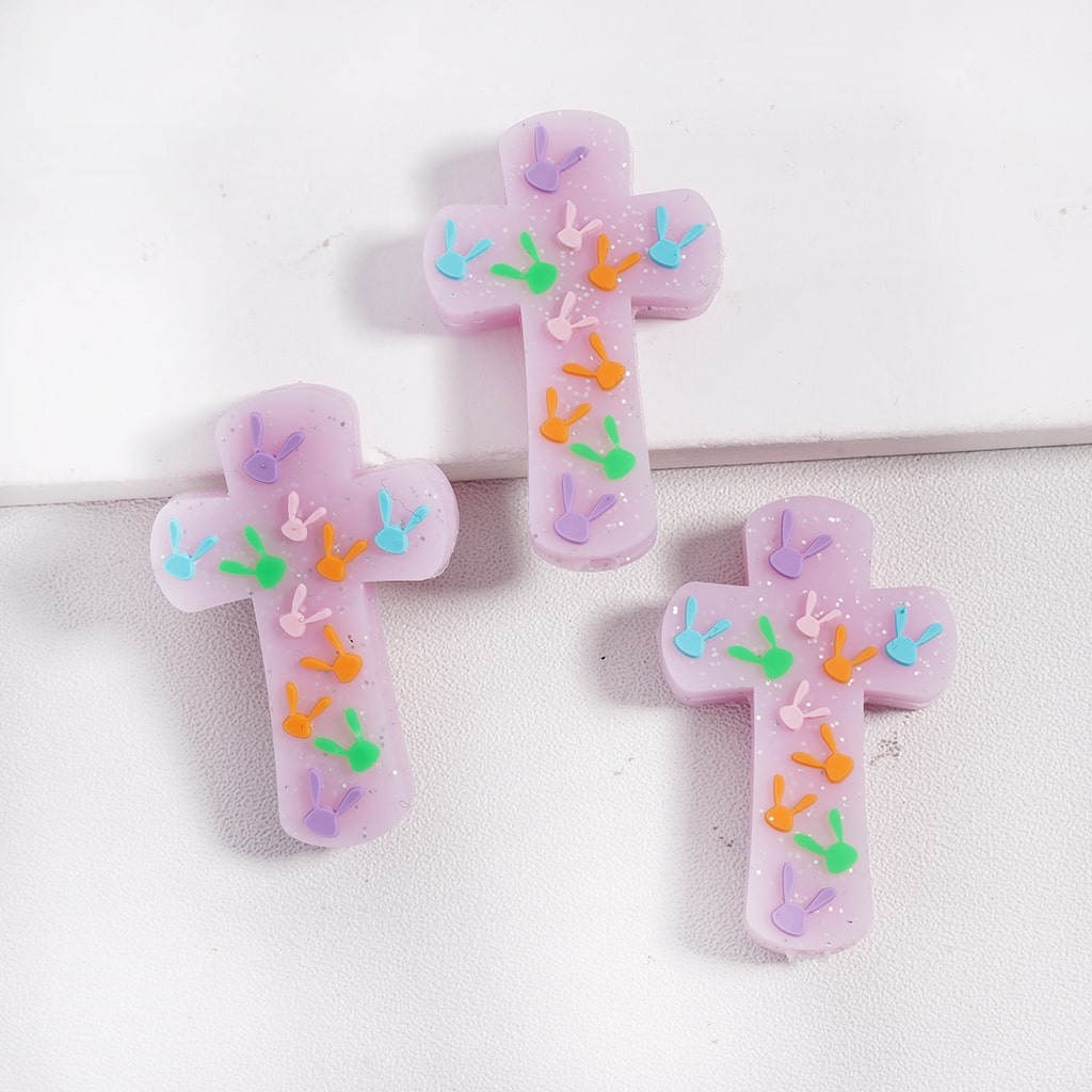 Silicone Focal Beads Glittery Cross with Various Colors Rabbit-Shape Heads, White and Purple