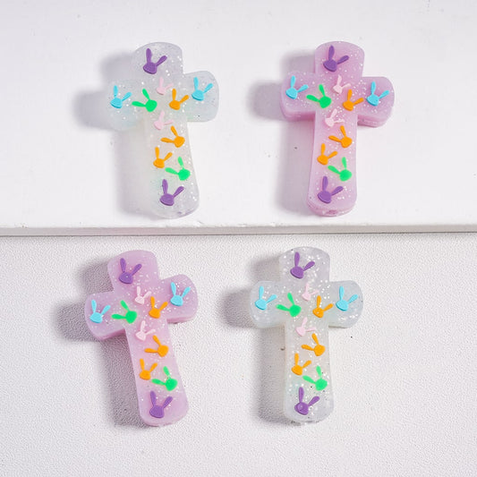 Silicone Focal Beads Glittery Cross with Various Colors Rabbit-Shape Heads, White and Purple