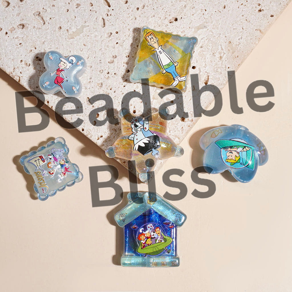 Acrylic Beads and Pendants with Retro Cartoon Family Theme Space Adventure Print, Random Mix