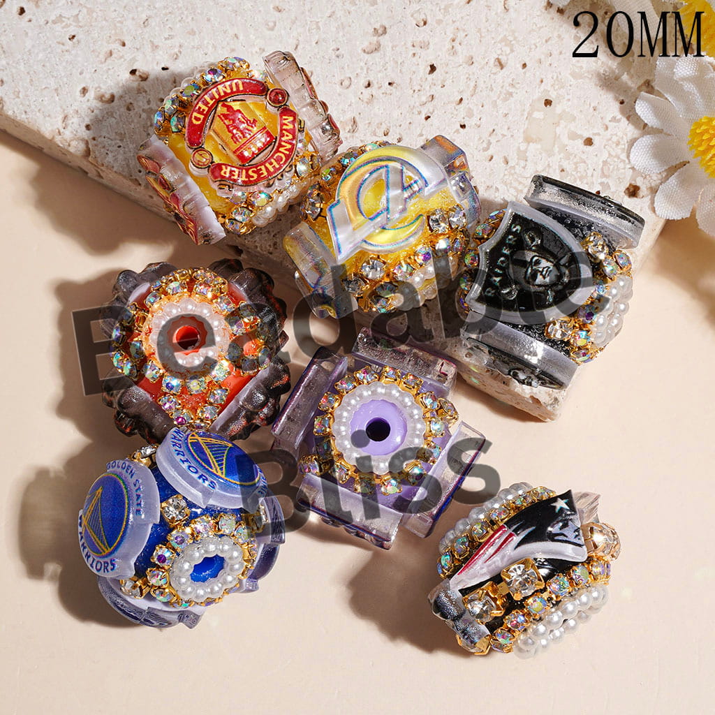 Handmade Acrylic Beads with Various Football Team Emblem, White Pearl and AB Rhinestone Chains, 20MM Random Mix