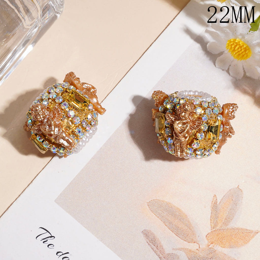 Handmade Acrylic Beads with Angel and Yellow Rectangular Rhinestone, White Pearl and AB Rhinestone Chains on Gold Background, 22MM