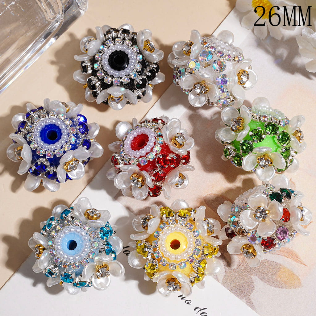 Handmade Acrylic Beads with White Four-Petaled Flower and Various Colors Rhinestone Chains, White Pearl Chains, 26MM Random Mix