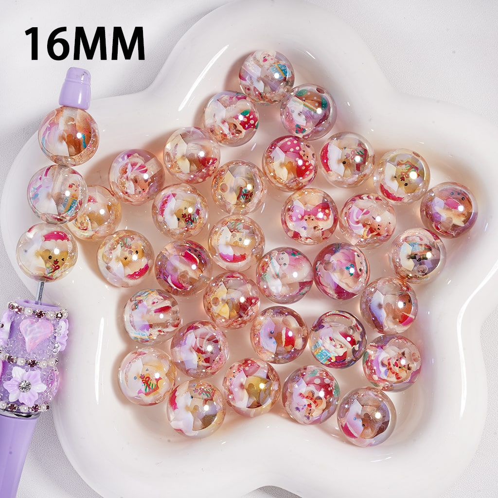 UV Coating Acrylic Beads w Christmas Series Embedded Inside Bead, 16MM, Translucent Color, Random Mix