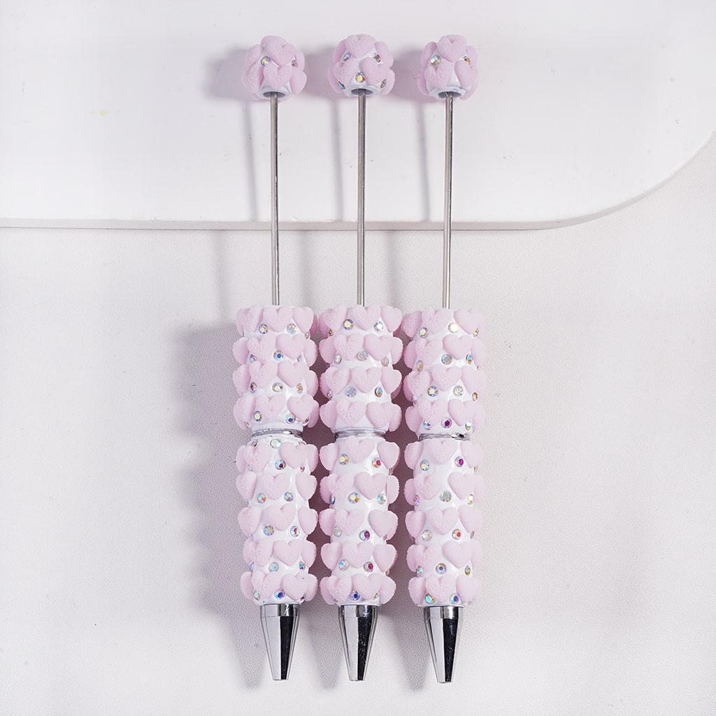 Beadable Clay Pens with Granulated Sugar Pink Hearts and AB Rhinestones Valentine's Day